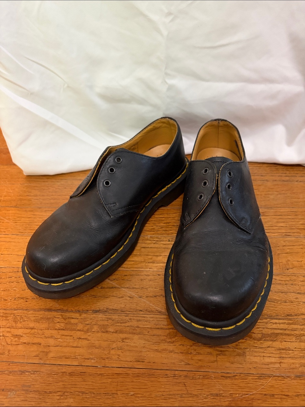 Dr. Martens Black Leather 3 Eye Oxford Shoes with Yellow Stitching